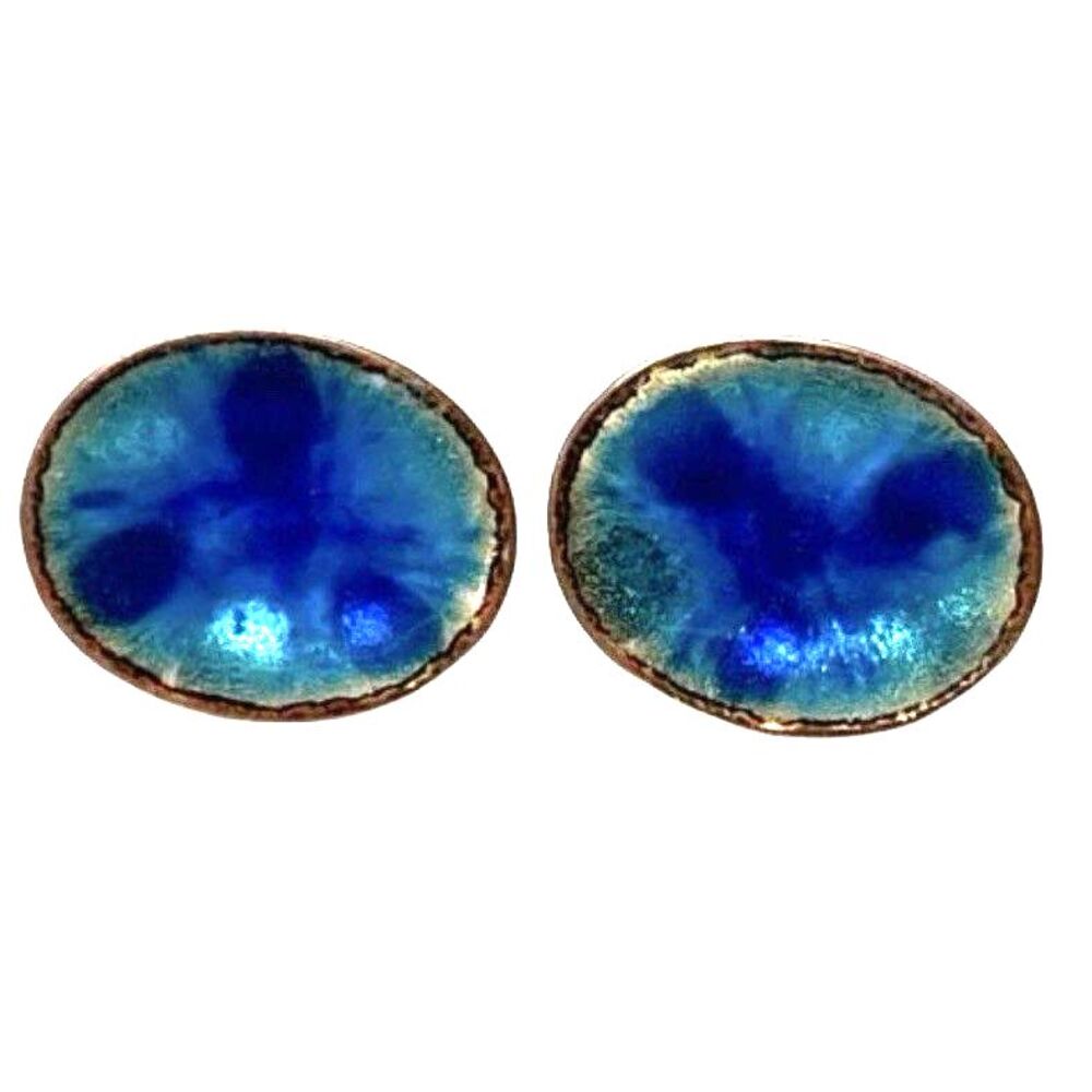 Vintage Hogan-Bolas MCM Modernist Blue Enamel Copper Screw Back Earrings